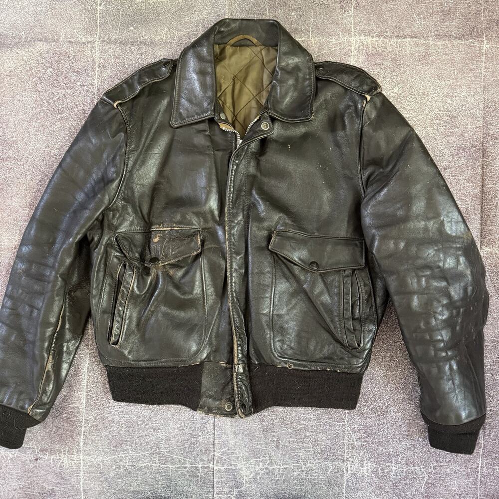 Men's Vintage 50's Brown Distressed Talon Zipper Leather Bomber Moto Jacket Sz M